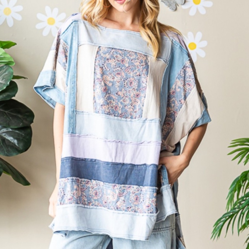 Patchwork Short Sleeve Top - Blue and White